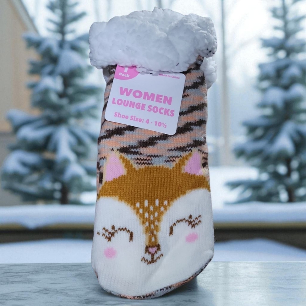 NWT Women Foxy Fleece Lined Knit No Slip Lounge Socks Shoe Sz 4-10 1/2